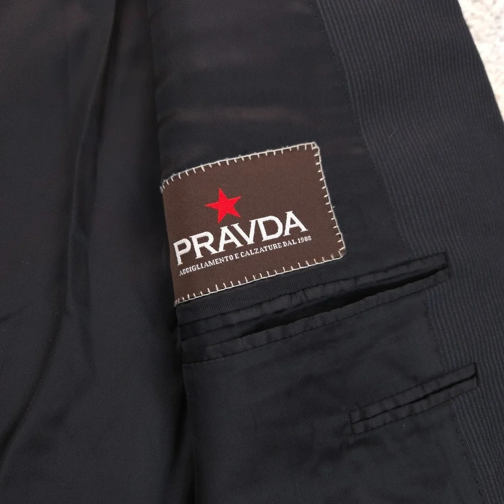 Canali Jacket 46L 56IT Wool Pinstripe Coat Black Button Made In Italy Pravda GUC